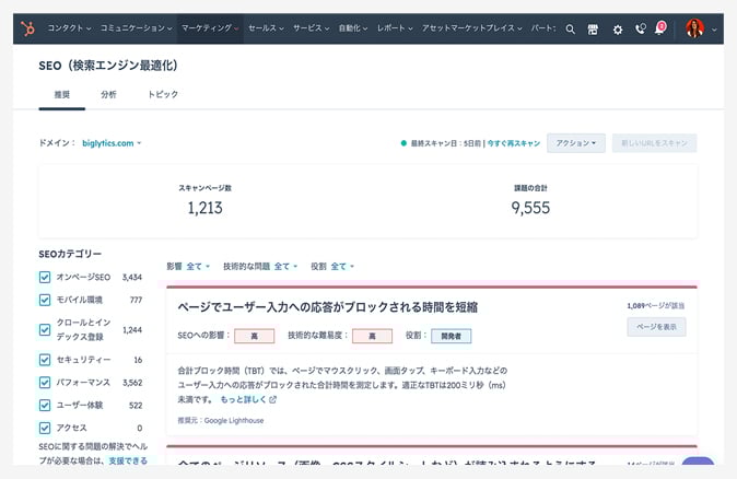 CMS(HubSpot)のSEO分析画面