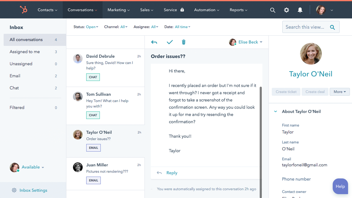 HubSpotのライブチャット画面